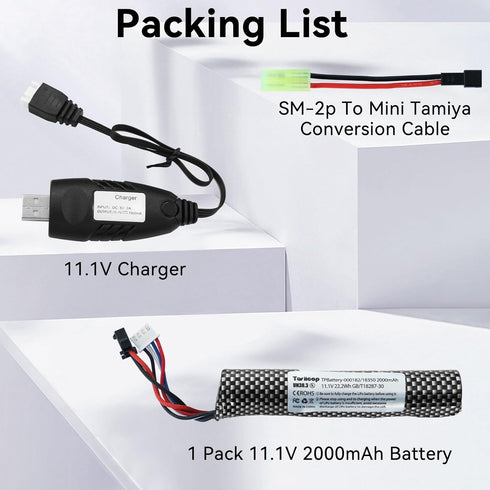 Tosiicop 11.1V 2000mAh SM2P 1 Pack Airsoft Gel Blaster Battery - Water Bead Splatter Ball Batteries with Mini Tamiya