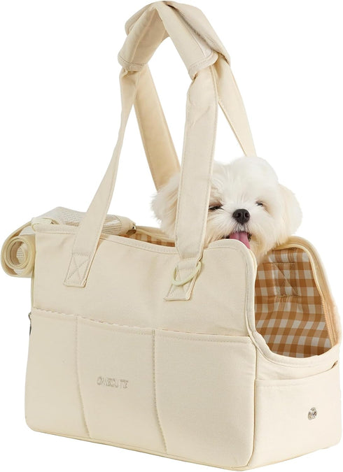 Soft-Sided Dog Carrier for Small Dogs and Cats, Collapsible Cotton Bag with Large Pockets (Beige, 13.6" L x 6.5" W x