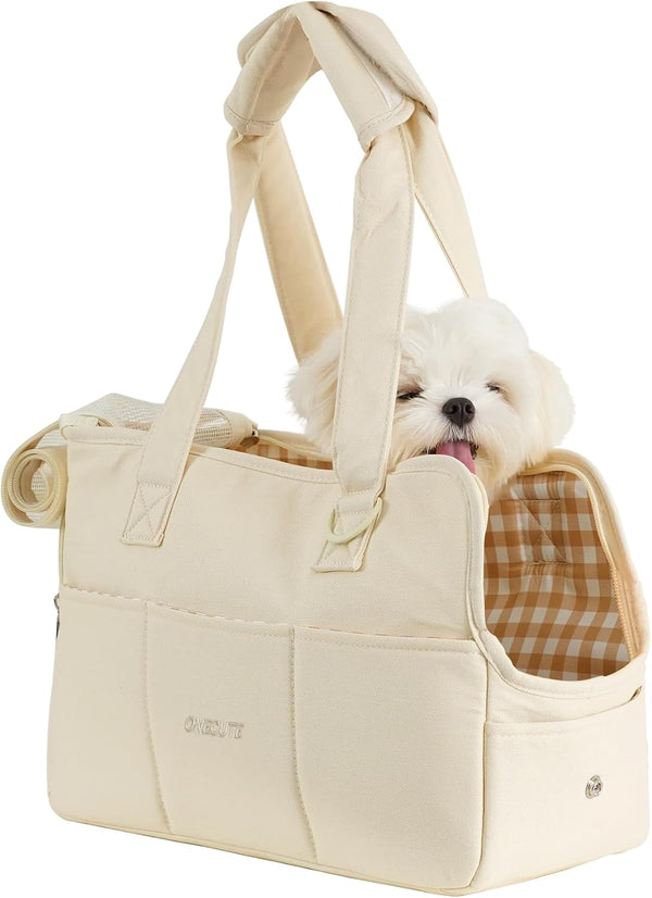 Soft-Sided Dog Carrier for Small Dogs and Cats, Collapsible Cotton Bag with Large Pockets (Beige, 13.6" L x 6.5" W x