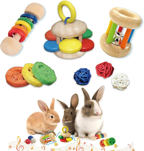 QWR 9PCS Wooden Bunny Toys,Safe Rabbit & Guinea Pigs Teeth Grinding Toy for