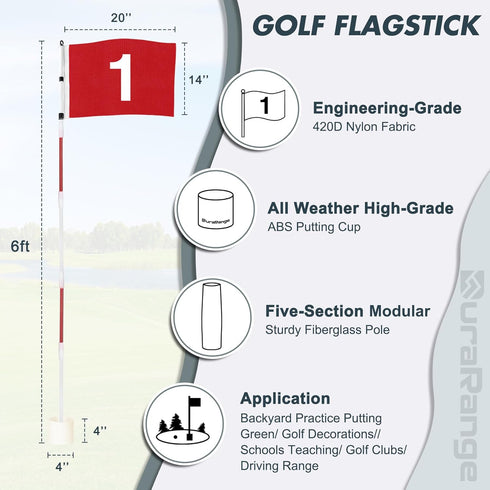 Golf Flagstick 6ft, 5-Section Design, ABS Hole Cup, 420D Nylon Flag for Backyard Practice and Driving Range