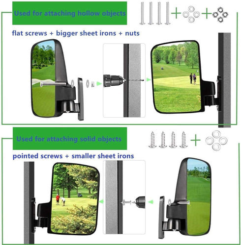 HKOO Universal Golf Cart Mirror Kit - Rear View Mirror, Wide Rear View Convex and Folding Side View Mirrors for Club