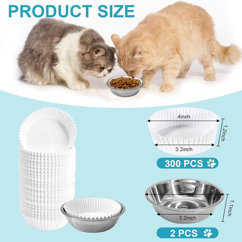 300PCS Disposable Cat Food Bowls & 2PCS Stainless Steel Cat Bowls - Pets Disposable Feeding Bowls Small Paper Cat Plates for Wet Food Disposable Bowls for Cat Dog Feeding Station