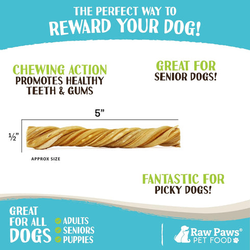 Raw Paws 5-Inch Beef Tripe Twists for Dogs - 5-Count, Odor-Free Crunchy Green Tripe Sticks Chews, Packed in USA