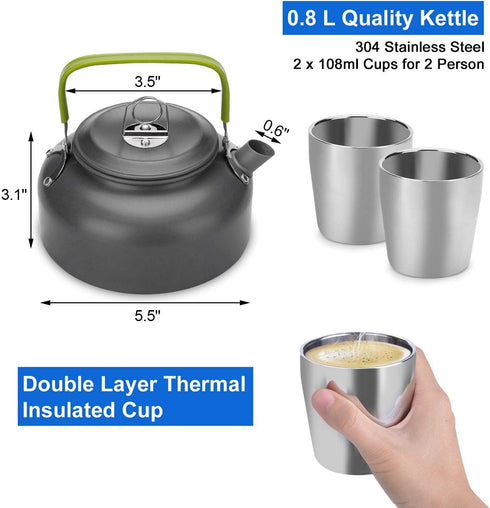 Odoland Camping Cookware Mess Kit | Lightweight Pot Pan Kettle with 2 Cups, Fork Spoon Kit for Hiking