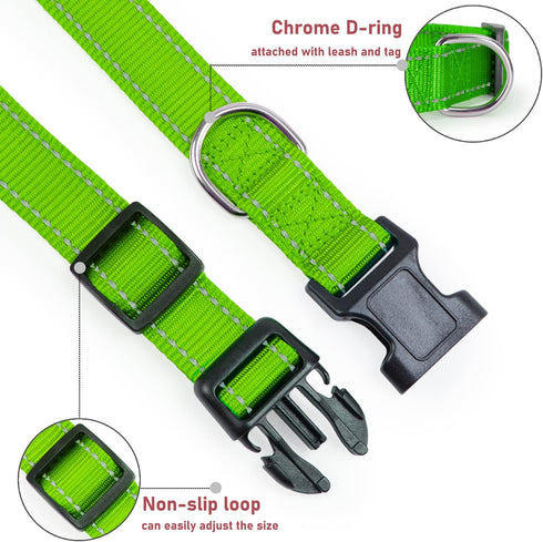 Reflective Dog Collar with Buckle - Adjustable Safety Nylon Collars for Small Medium Large Dogs, Grass Green M