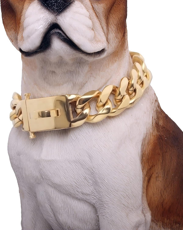BAOBOTE Gold Chain Dog Collar, 19MM Cuban Link, Secure Snap Buckle, Chew Proof Heavy Duty for Medium and Large Dogs
