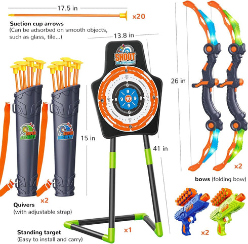 GMAOPHY Bow and Arrow 2 Pack for Kids 5-11+ Year Olds, LED Light Up Archery Toy with 20 Arrows, Target & Quiver