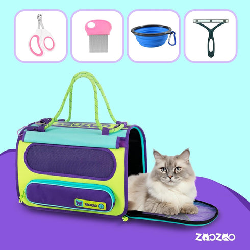 Pet Travel Carrier - TSA Airline Approved Under Seat Cat Carrier with Flea Comb, De-Shedder & Feeding Bowl, Purple