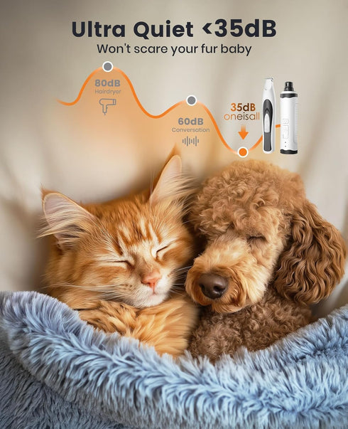 2 1 Trimmer 35dB oneisall in Quiet Paw and Dog Nail Grinder with LED Lights, Dog Paw Grooming Kit Rechargeable Cordless
