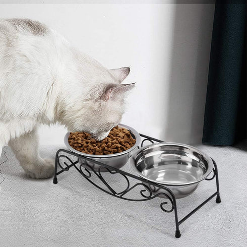 Pet Bowl, Double Cat Dog Waterer Bowls Stainless Steel Elevated Pet Water Food Feeder with Non-slip Raised Stand for Small Dogs Cats Puppy Kitty