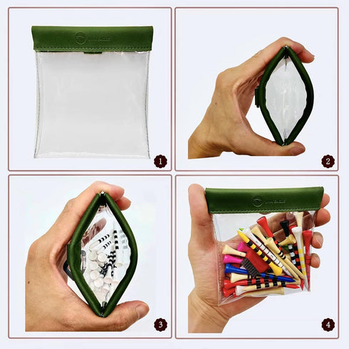 Golf Tees Pouch Bag with Clip, Clear Transparent Pocket for Accessories & Valuables | 15 Bamboo Tees Included (Green)