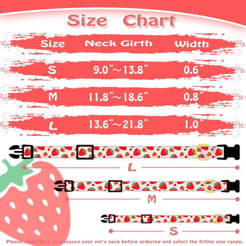 Cute Pink Strawberry Dog Collar for Small Medium Large Dogs, Soft Adjustable Design for Girl Female Dogs