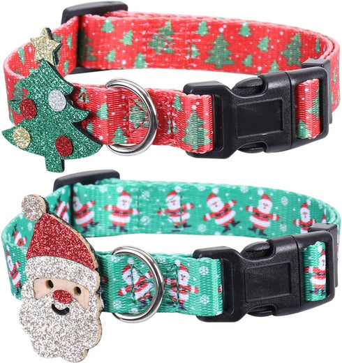 Lamphyface 2 Pack Adjustable Christmas Dog Collar with Father Christmas and Xmas Tree Accessories