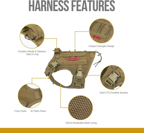 OneTigris Tactical Dog Harness with Handle, No-Pull Service Vest with Hook & Loop Panels (Coyote Brown, X-Large)
