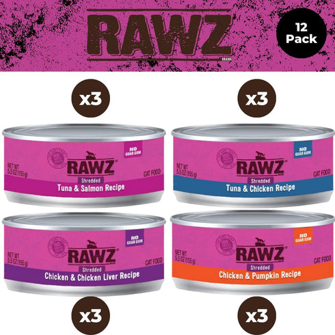 Rawz Natural Premium Canned Cat Wet Food, 12 Pack Variety Bundle, 5.5 oz Cans