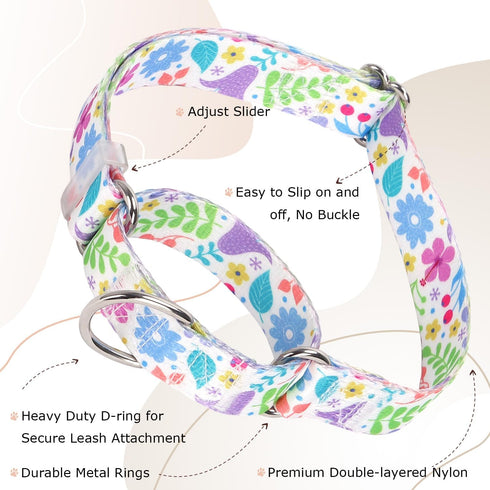 Martingale Collar for Dogs with Green Flowers Patterns, Adjustable Premium No Slip Collar for Training
