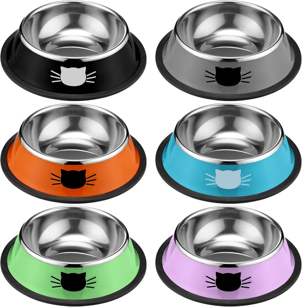 6 Pcs Cat Bowls for Food and Water, Stainless Steel PET Dishes 7 oz with Anti Slip Rubber Base for Indoor Pets