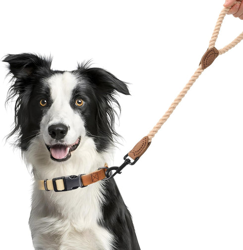 Mile High Life 18 Inch Short Dog Leash, Braided Cotton Rope with Leather Tailor Tip, Heavy Duty Metal Clasp