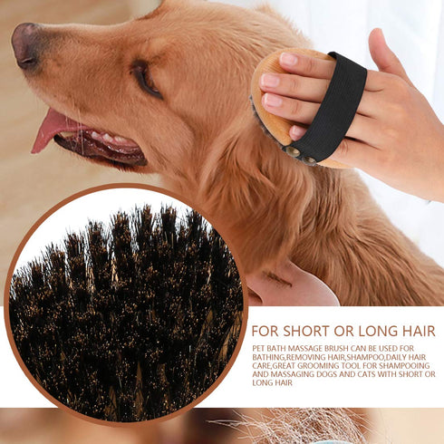 Bamboo Grooming Palm-Held Brush for Pets, Boar Bristles & Elastic Band for Dog Cat Shower and Massage