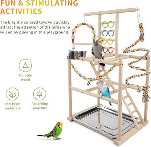 3 Bird Playground, Parrots Playstand for Small to Medium Birds, Perch Stand with Ladders Playgym with Rope Perch
