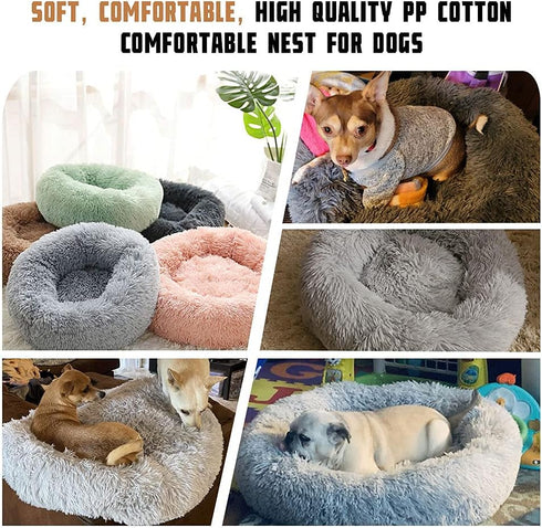 Dog Bed, Calming Dog Beds for Small Medium Large Dogs, Round Donut Washable Bed, Anti-Slip Faux Fur Fluffy Donut