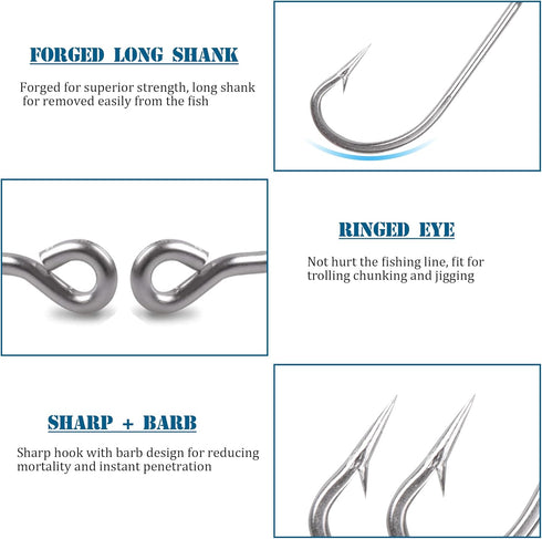 Saltwater J Hooks, 130pcs Stainless Steel O'Shaughnessy Long Shank Forged Trolling Hooks