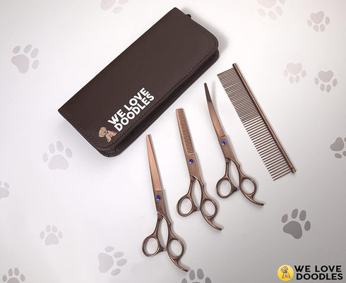4 Set Dog Grooming Scissors Kit - Best Tools for Goldendoodles & Poodles - Straight, Curved & Thinning Shears