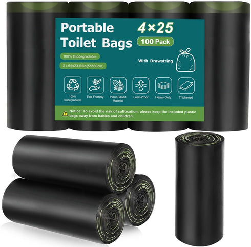 100 Portable Toilet Bags, Biodegradable with Drawstring & Lemon Scent, for 5-8
