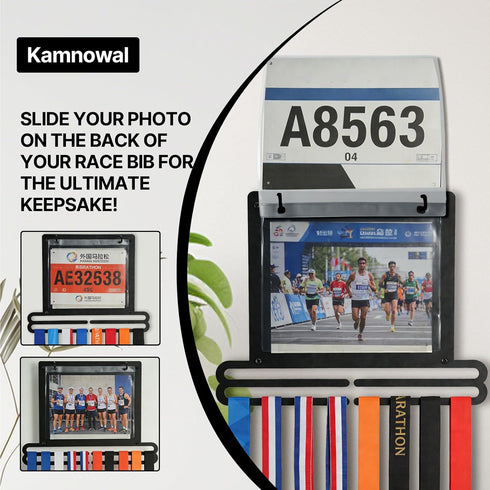 Kamnowal 10 20 40 Race Medal and Bib Display Wall Mounted Rack, Heavy Duty Metal Hanger with Clear Bib Holders, Holds