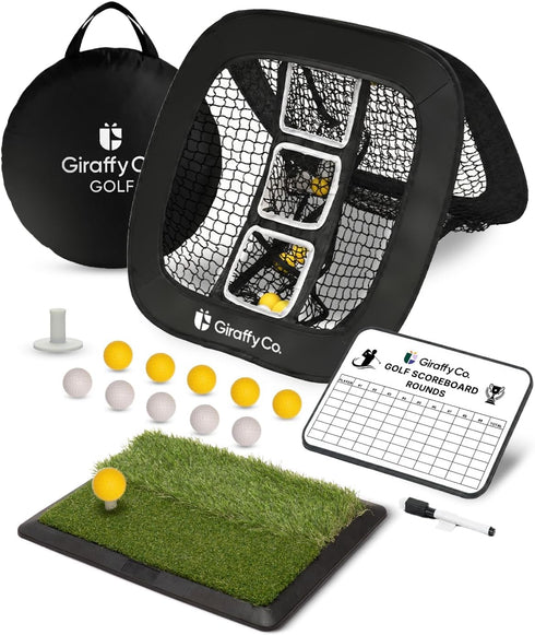 Giraffy Co. Golf Chipping Net Set with Mat & Practice Balls - Pop-Up 3-Target