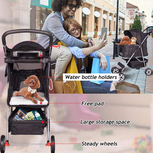 Dkeli 4 Wheel Pet Stroller Cat Dog Cage Stroller Travel Folding Carrier with Cup Holder and Removable Lining for Small