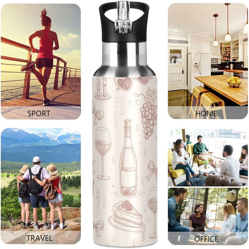 Wassud 22 oz Water Bottle Rose Wine Bottles Stainless Steel Sport Water Bottle with Straw Insulated Water Bottles