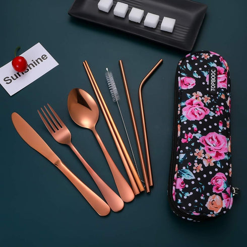 Travel Utensils - Reusable Silverware Set To Go, Portable Cutlery Set with Waterproof Carrying Case for Lunch Boxes,