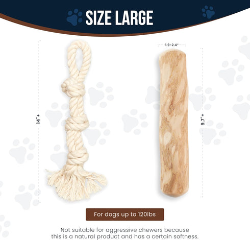 Coffee Wood Dog Chew Stick 9.7" & Natural Dog Rope Toys Size Large for Regular Chewers - 100% Organic Wood Stick