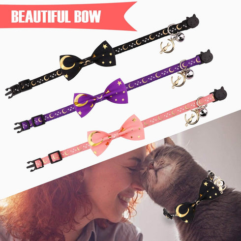 2 PCS Breakaway Cat Collar with Bow Tie and Bell, Golden Moon Glowing Star in The Dark for Kitten