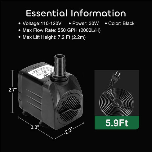 550GPH Submersible Pump by GROWNEER 30W Ultra Quiet Fountain Water Pump, 2000L/H, with 7.2ft High Lift, 3 Nozzles for
