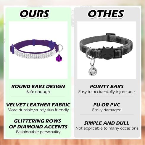 EXPAWLORER Soft Velvet Cat Collars for Girls - 2 Pack Adjustable Rhinestones Bling Breakaway Collars with Bells