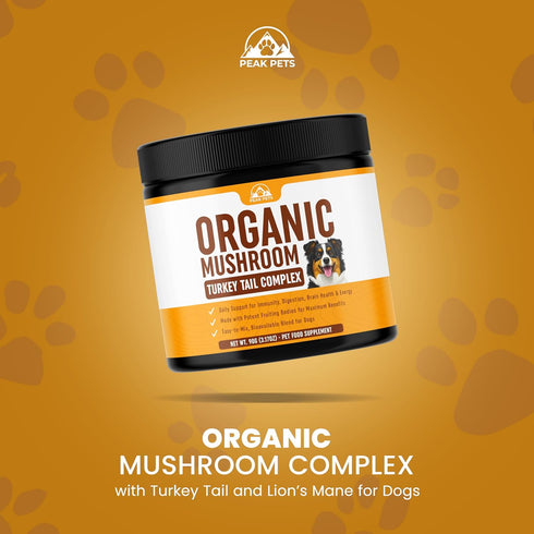 Peak Pets (90g) Immune Mushroom Supplement Powder for Dogs Organic Mushroom Complex with Turkey Tail and Lions Mane