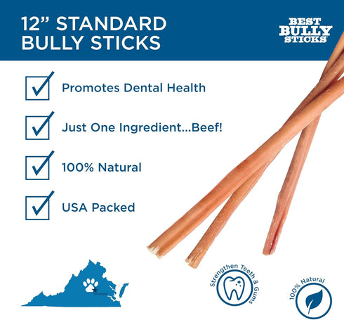 Best Bully Sticks for Dogs 12 Inch, 8oz - 100% Natural Grass-Fed Beef Chews for Medium/Large Dogs