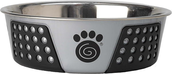 PetRageous 13099 Fiji Stainless Steel Dog Bowl, Non-Slip, Dishwasher-Safe, 6.5-Cup Capacity, Light Grey and Black
