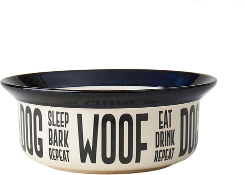 PetRageous Eat Drink Repeat Two-Tone Stoneware Dog Bowl, 4-Cup Capacity, Dishwasher Safe, Off-White.