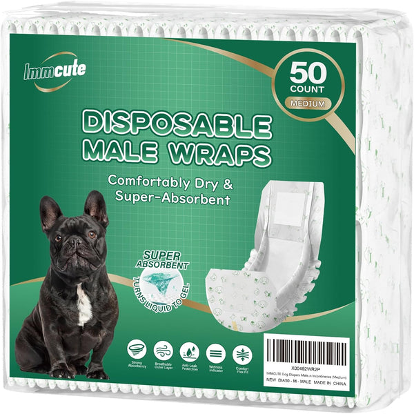 IMMCUTE Male Dog Wraps 50 Ct, Medium Size, Male Dog Diapers Disposable,