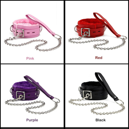 Leather Choker Collar with Long Traction Chain, Rugged Durable Adjustable Necklace for Pets, Purple