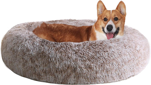 JOLLYVOGUE Calming Donut Dog Bed & Cat Bed, Washable Fluffy Faux Fur Plush Cushion for Small Dogs and Cats (20", Brown)