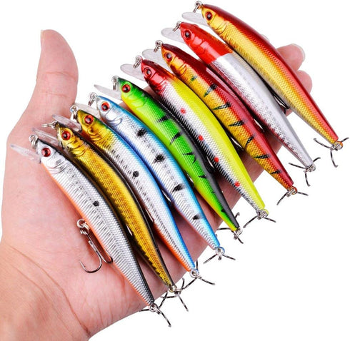 Fishing Lures Kit Mixed, Minnow Popper Crank Baits with Hooks for Freshwater Saltwater Trout Bass Salmon