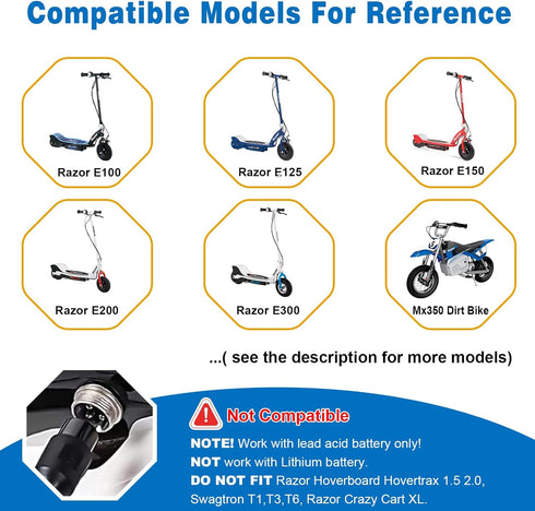 TooAemiS 24V MX350 E100 E125 E150 E175 E200 E200S E300 E300S MX400 3-Prong 24V Charger for Electric Scooter Razor Dirt