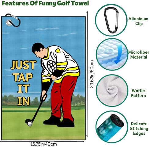 Funny Printed Golf Towel with Clip, Golf Gift for Men, Husband, Boyfriend, Dad - Just Tap It in