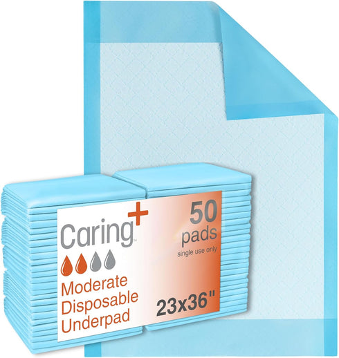 Caring Disposable Underpads 23 x 36 in, Moderate Absorbency Bed Pads, Chucks