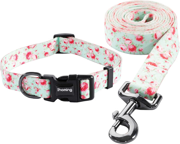 Ihoming Dog Collar and Leash Set for Daily Outdoor Walking, Floral GreenLake Design for Medium Dogs, M-Up to 45LBS